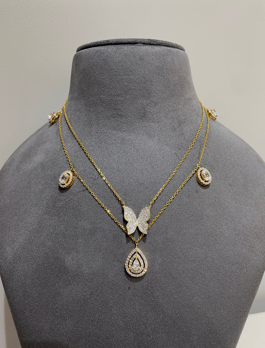 925 Silver Double Line Butterfly & Pear Drop Pendant Set