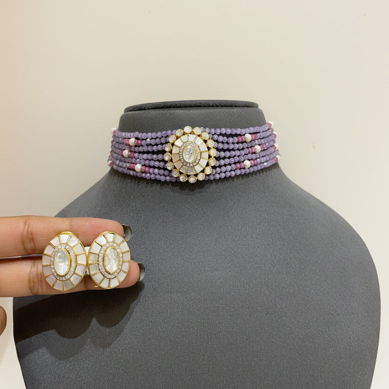 Lavender Bead with Mother-of-Pearl Polki Medallion Choker