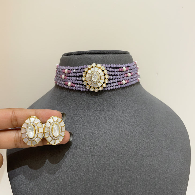 Lavender Bead with Mother-of-Pearl Polki Medallion Choker