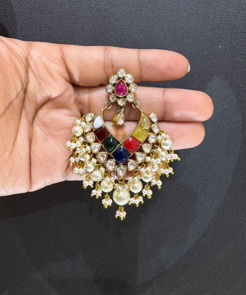 925 Silver Navrattan Chandbali Earrings
