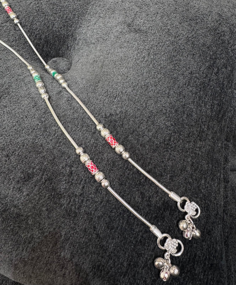 RED AND GREEN COLOR WORK PURE SILVER ANKLET ( 1 PAIR )