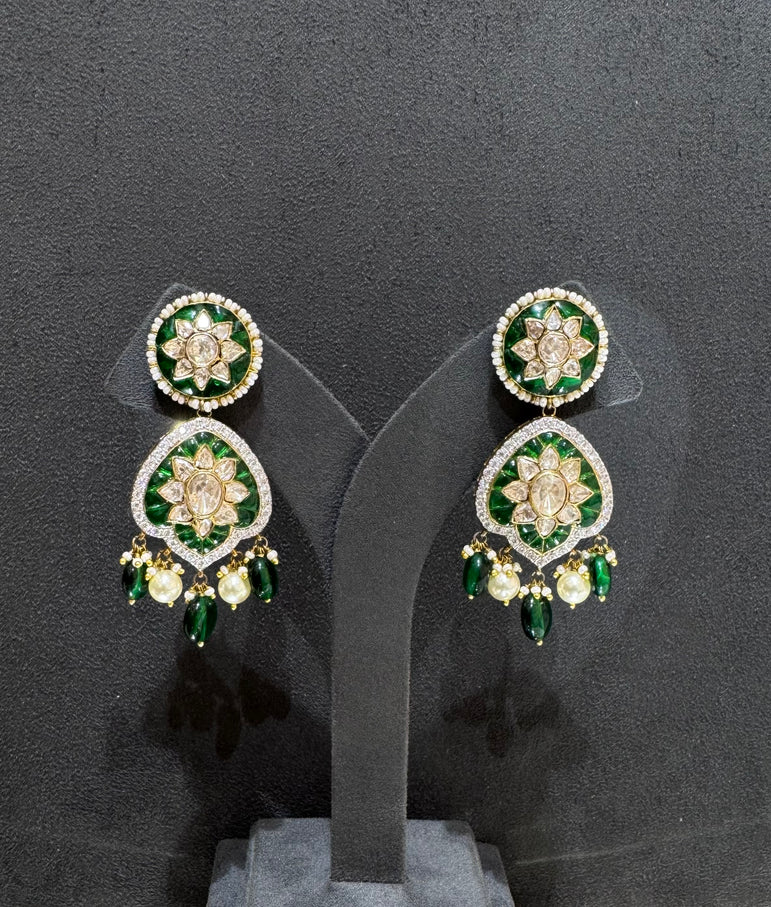 925 Silver Emerald Polki Earrings