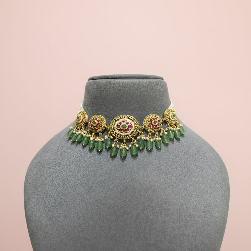 Antique Gold Circular Medallion Floral Choker