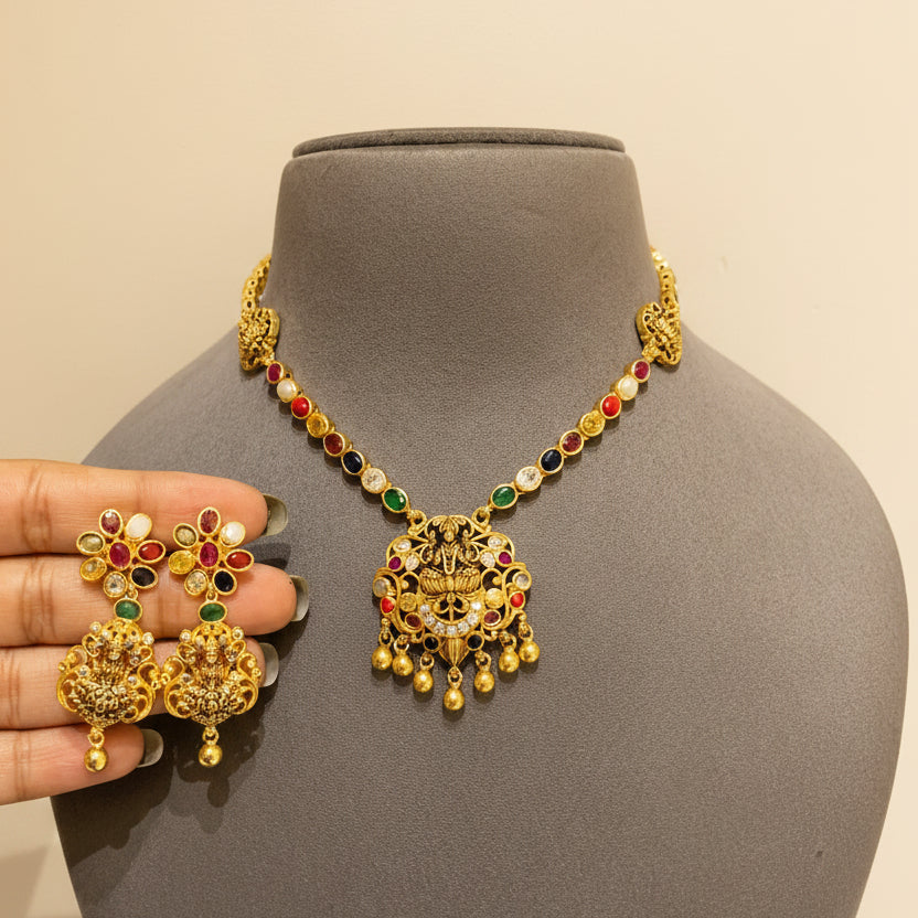 Navratna Heritage Temple Laxmi Medallion Gold Look Set