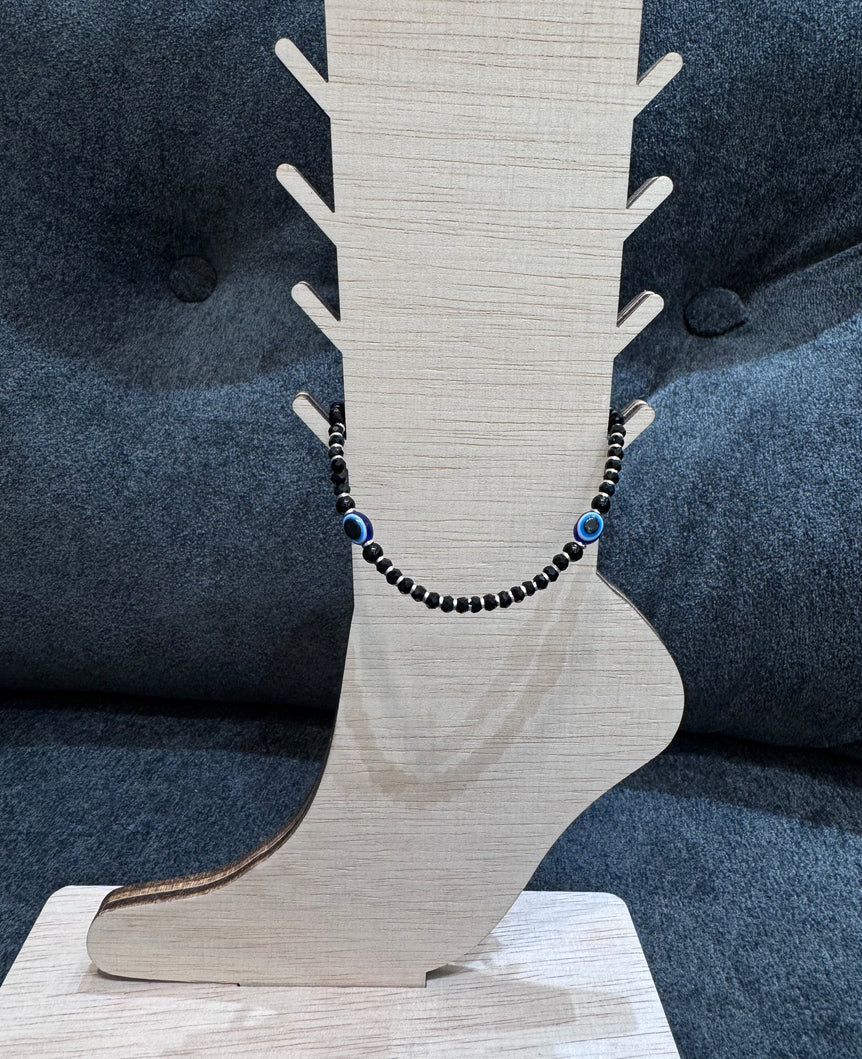 3 EVIL EYE PURE SILVER ANKLET WITH BLACK BEADS