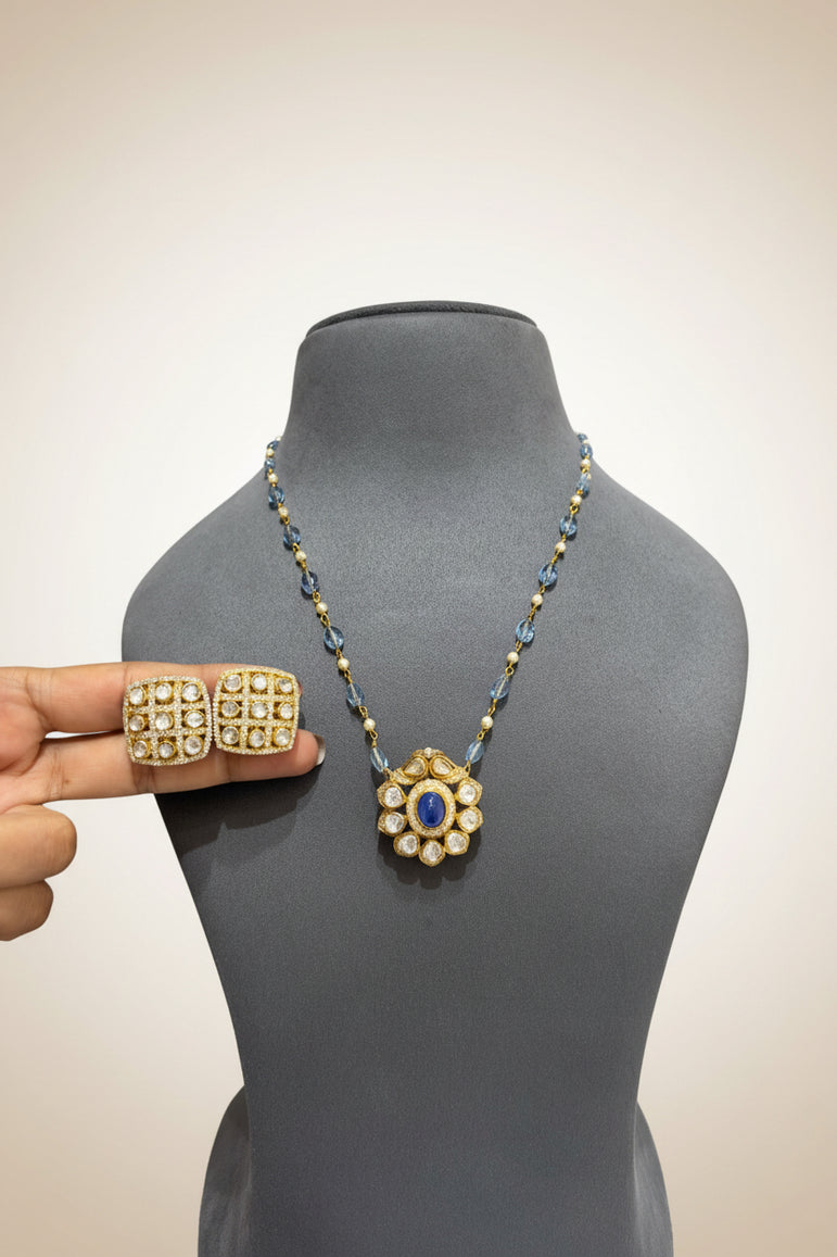 Sapphire Blue Moissanite Polki Pendant Set