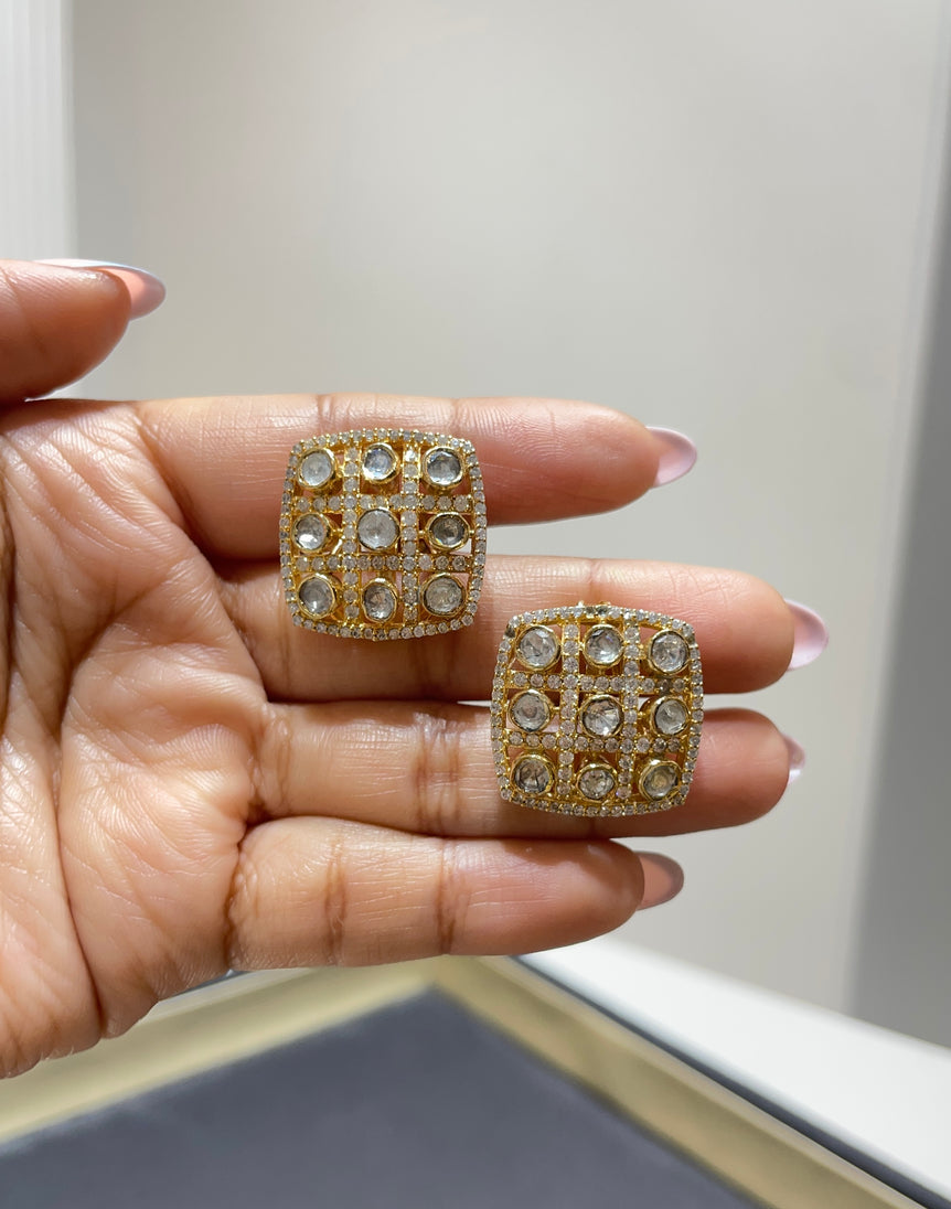 925 Silver Geometric Polki Earrings