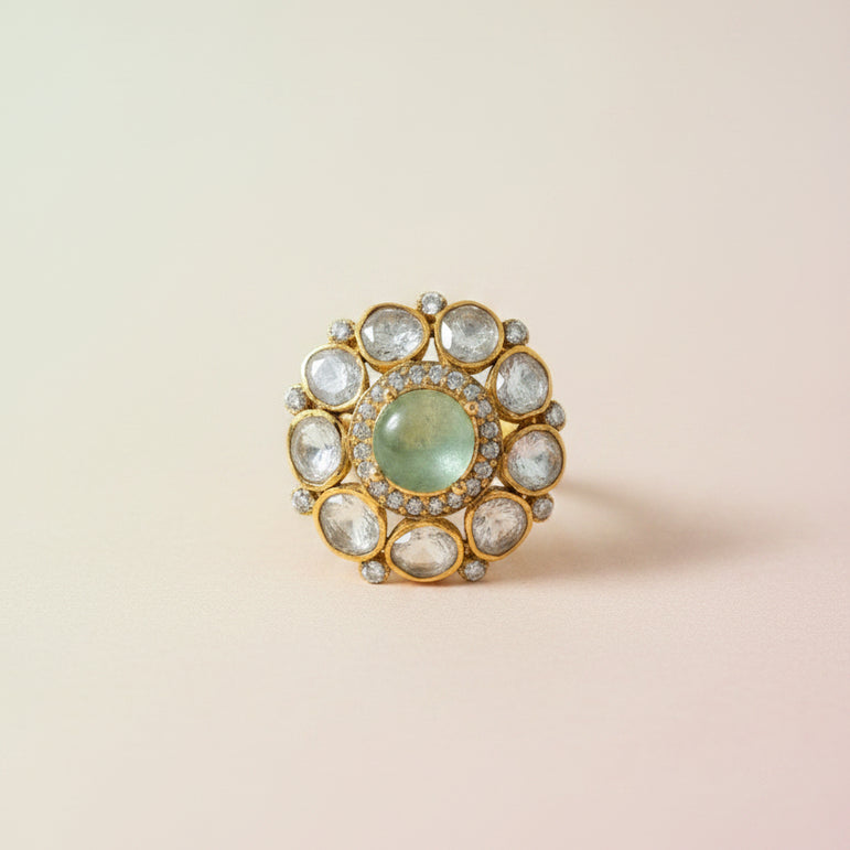 Pastel Green Medallion Moissanite Polki Statement Ring
