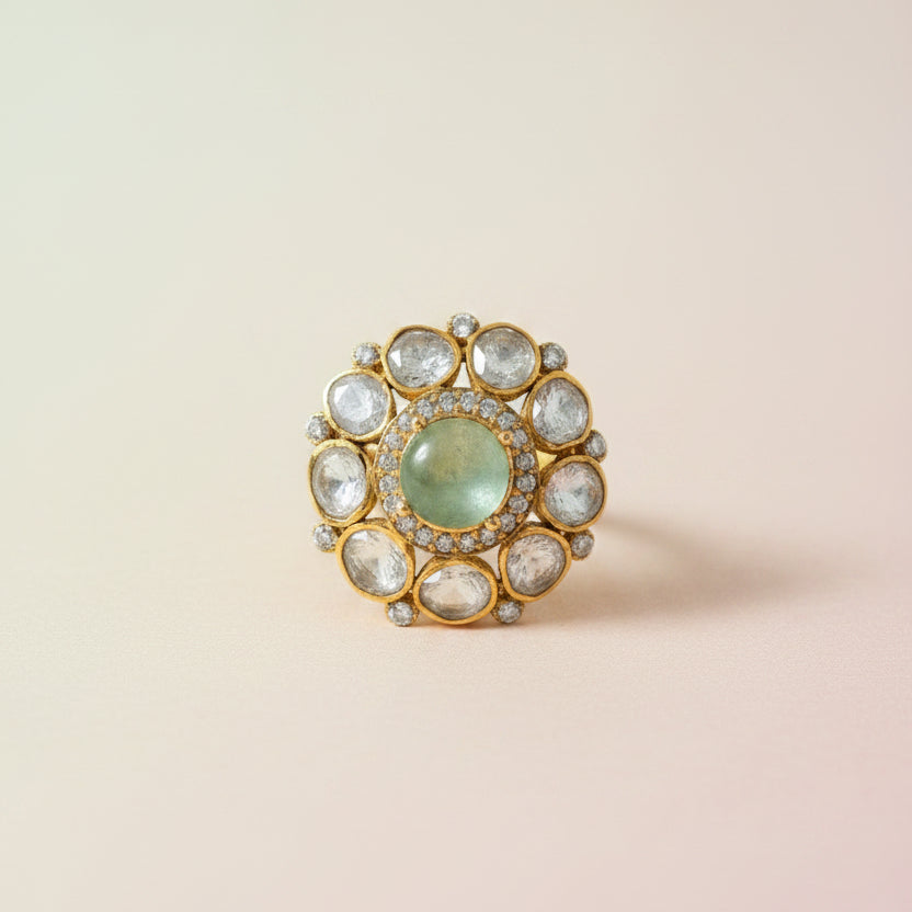 Pastel Green Medallion Moissanite Polki Statement Ring