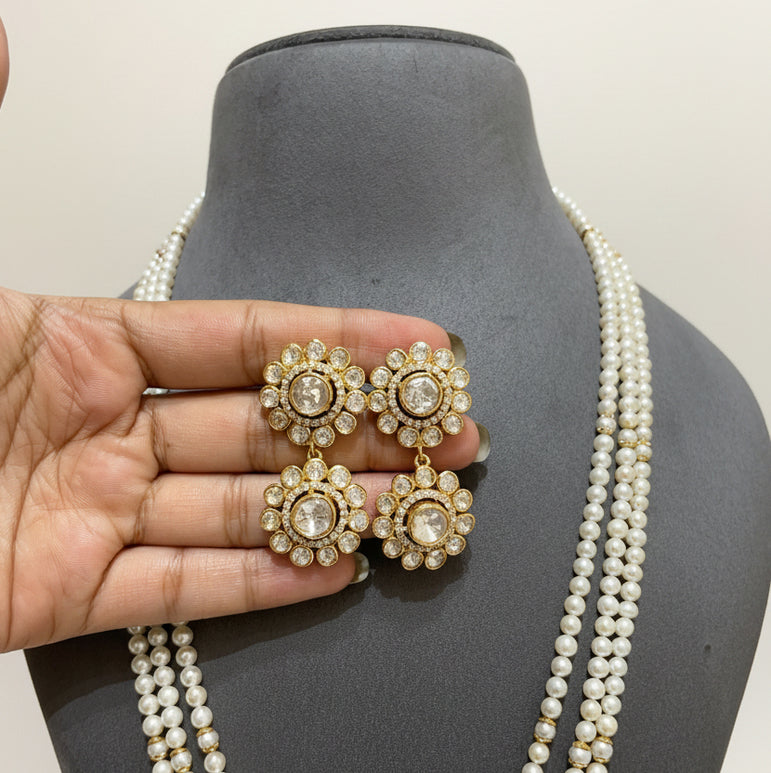 Three-Strand Pearl with Moissanite Polki Set