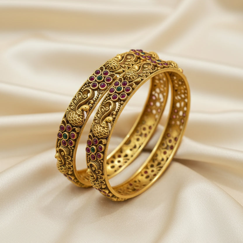 Peacock & Flower Design Antique Gold Look Bangle
