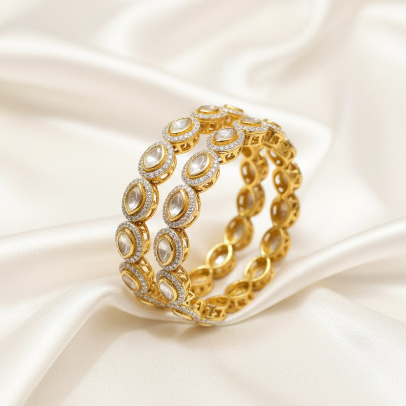 Oval Moissanite Polki & Micro-Pavé CZ Statement Bangle Pair