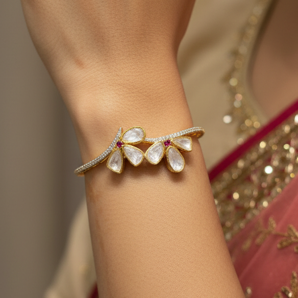 Heritage Twin Flower Polki & Ruby Accent Bypass Bracelet