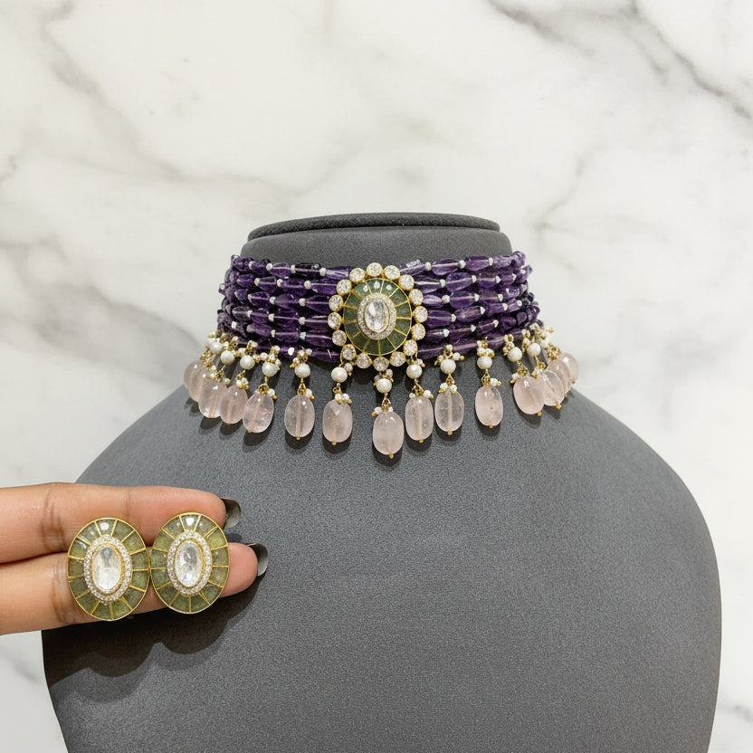 Multi-Strand Amethyst with Rose Quartz & Matching Studs Choker