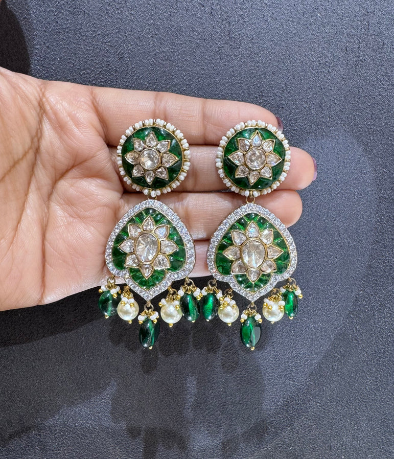 925 Silver Emerald Polki Earrings