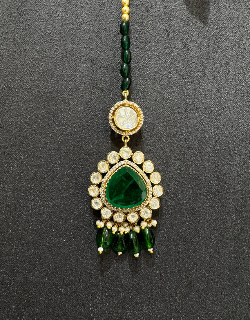 925 Silver Emerald Polki Maang Tikka