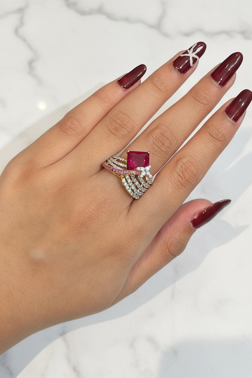 Princess-Cut Ruby Statement Moissanite Diamond Ring