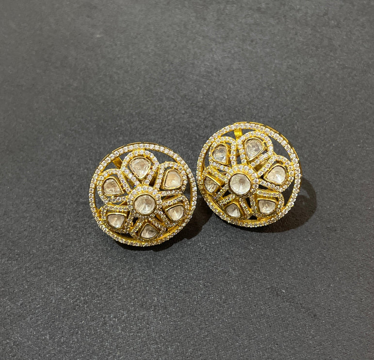 925 Silver Ethnic Floral With Outer Polki Earrings