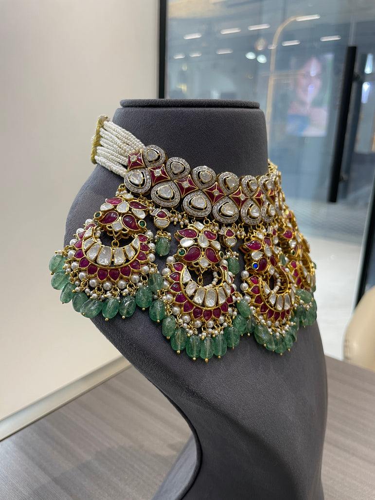 925 Silver Adhirani Ruby Pallav Heavy Bridal Necklace Set