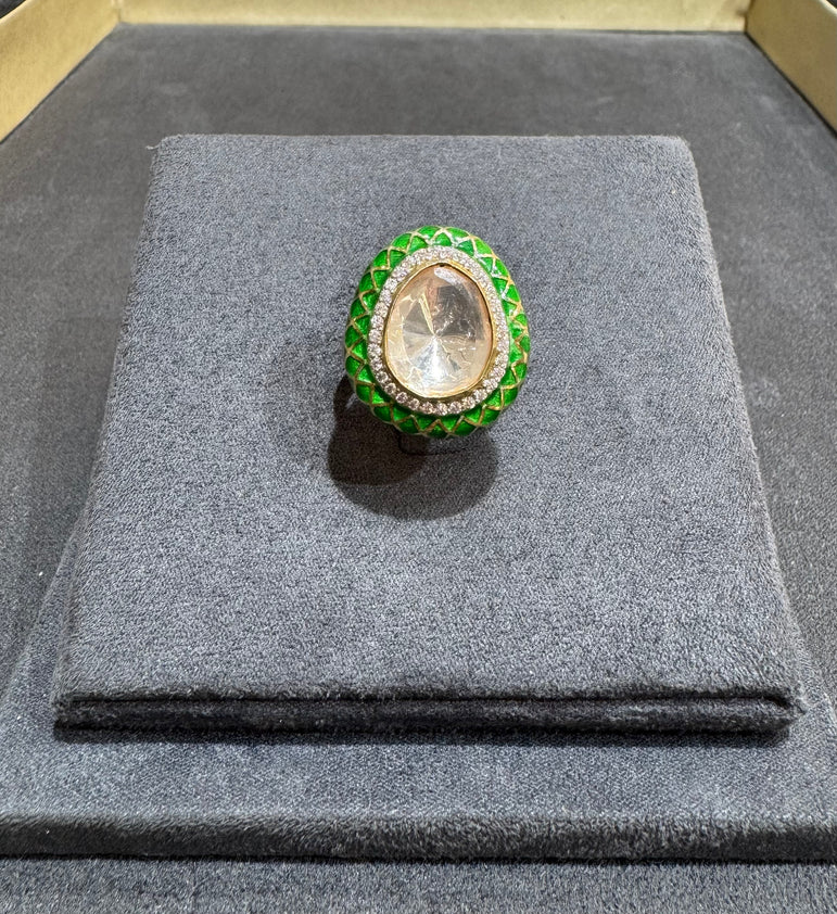 925 Silver Green Enamel Polki Ring