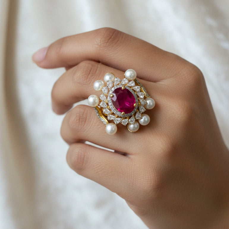 Royal Ruby Red Gemstone Pearl-Bordered Cocktail Ring