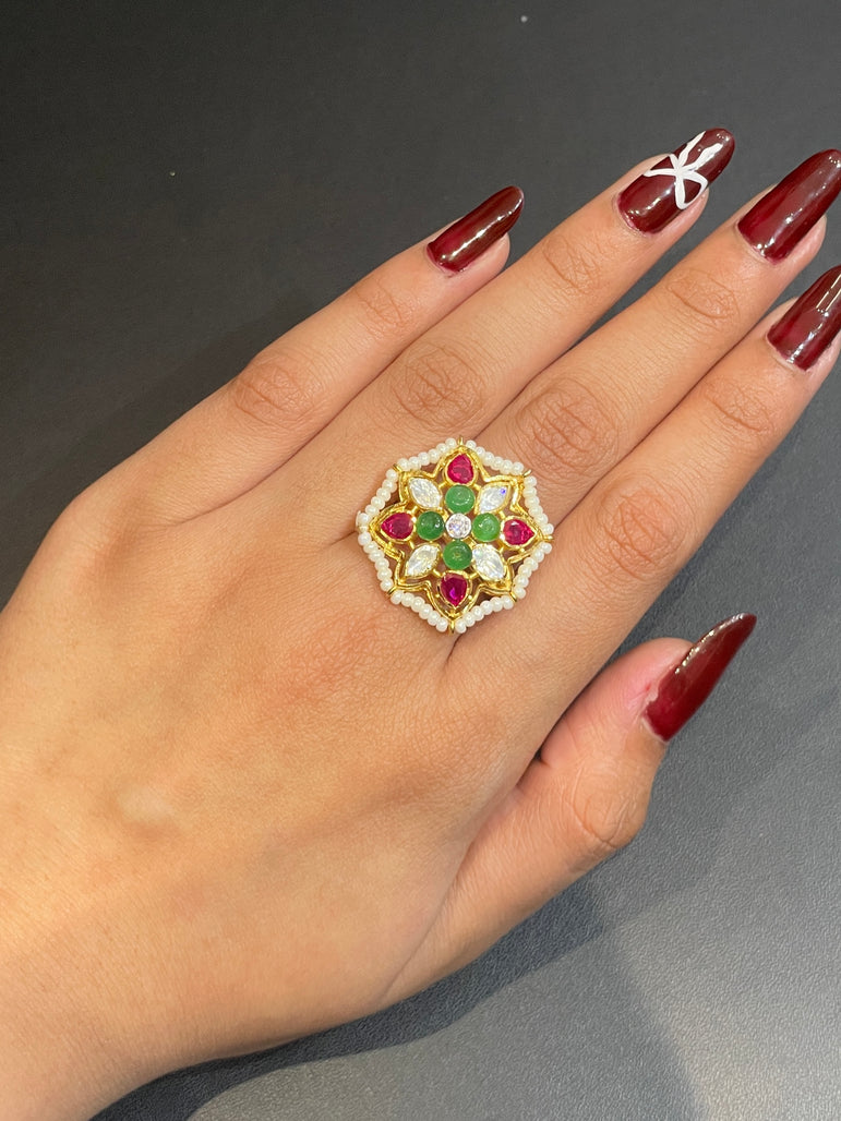 Pearl-Edged Gemstone Bloom Ring