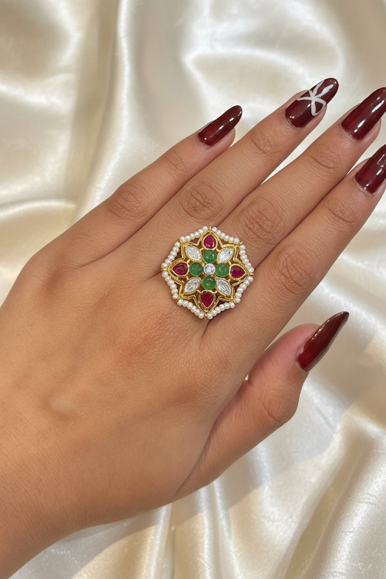 Pearl-Edged Gemstone Bloom Moissanite Polki Ring