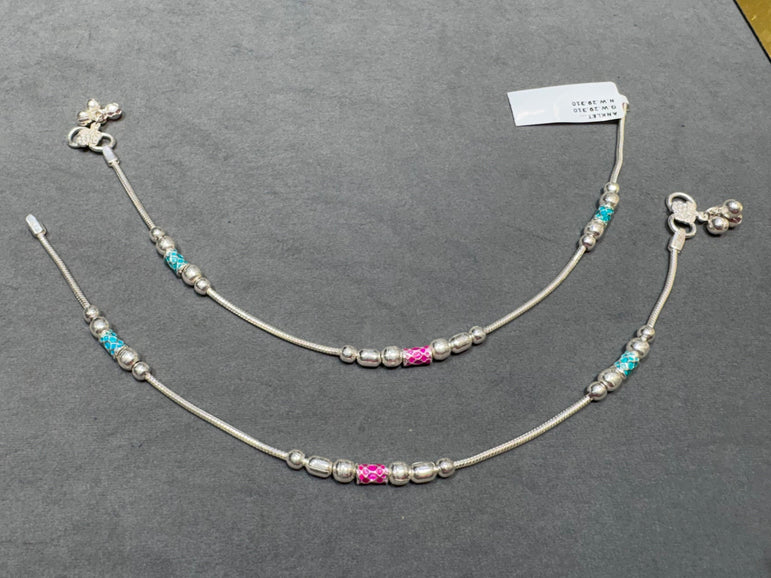 Vibrant Meenakari Multi-Color Bead Silver Anklet Pair