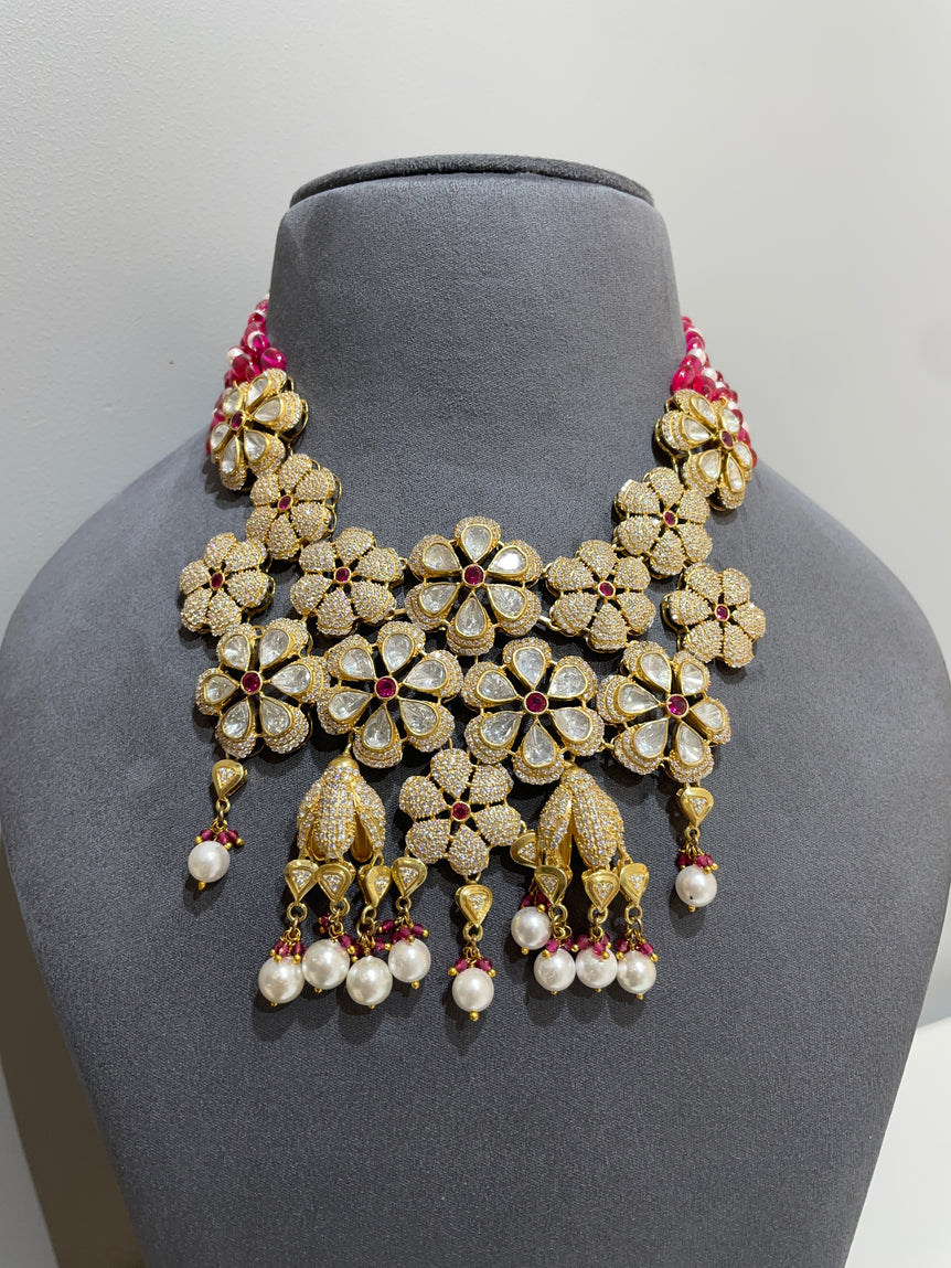 925 Silver Floral Polki Necklace