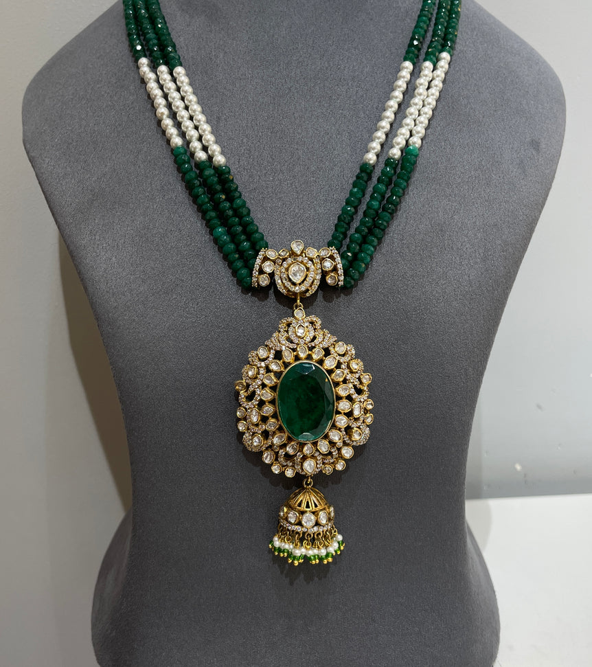 925 Silver Traditional Emerald Polki Pendant