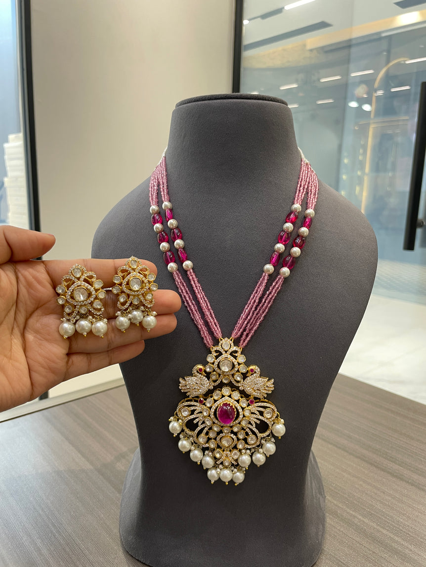 925 Silver Long Hamsika Polki Necklace Set