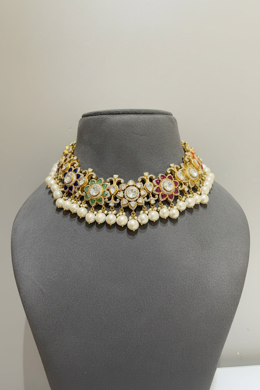 Navratna Floral Medallion Moissanite Polki Choker