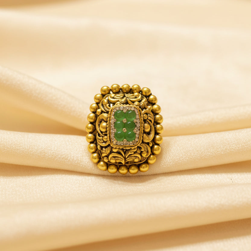 Nakshi Border Emerald Green Gold Look Statement Ring