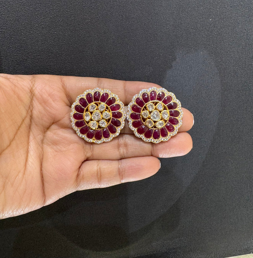 925 Silver Elegant Ruby & Polki Earrings