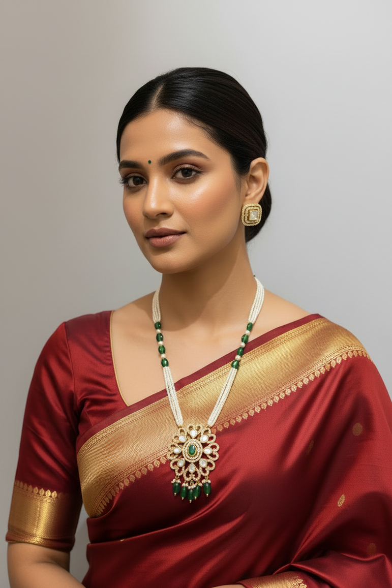 Maharani Emerald Halo Multi-Strand Pearl Pendant Set
