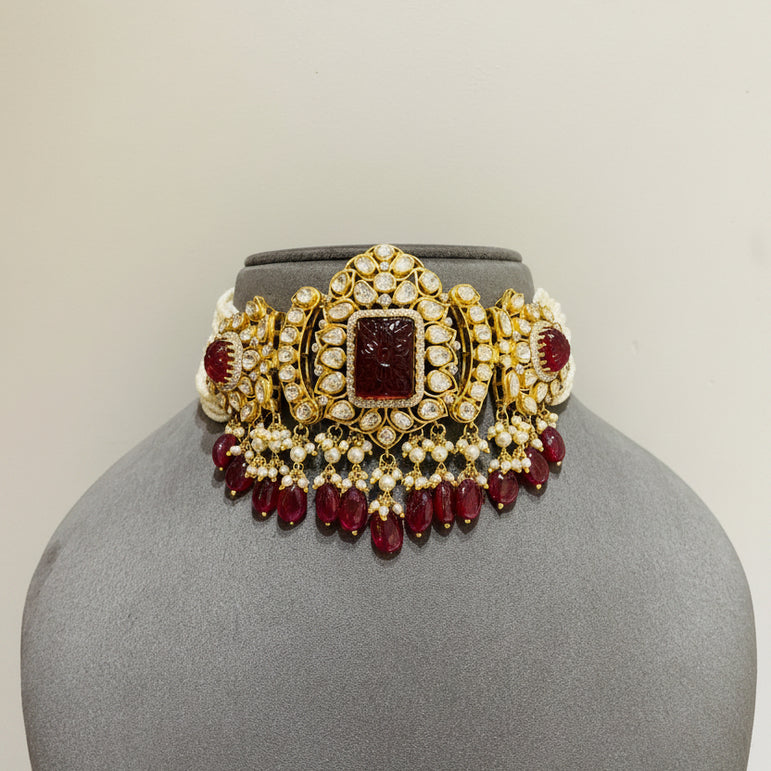 Carved Ruby Quartz Polki Floral Medallion Choker