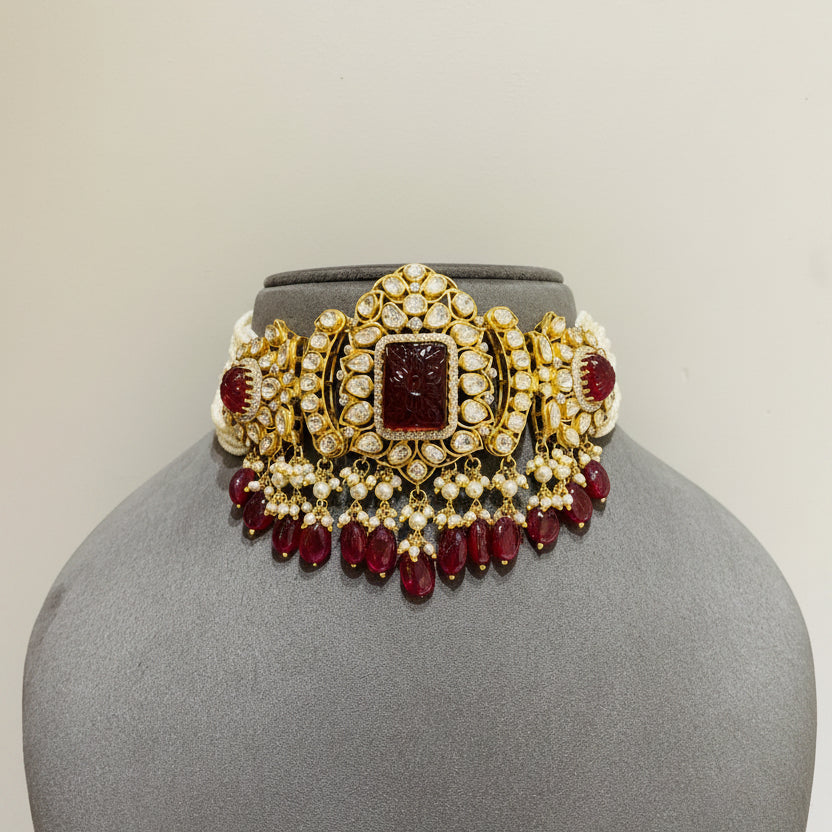 Carved Ruby Quartz Polki Floral Medallion Choker