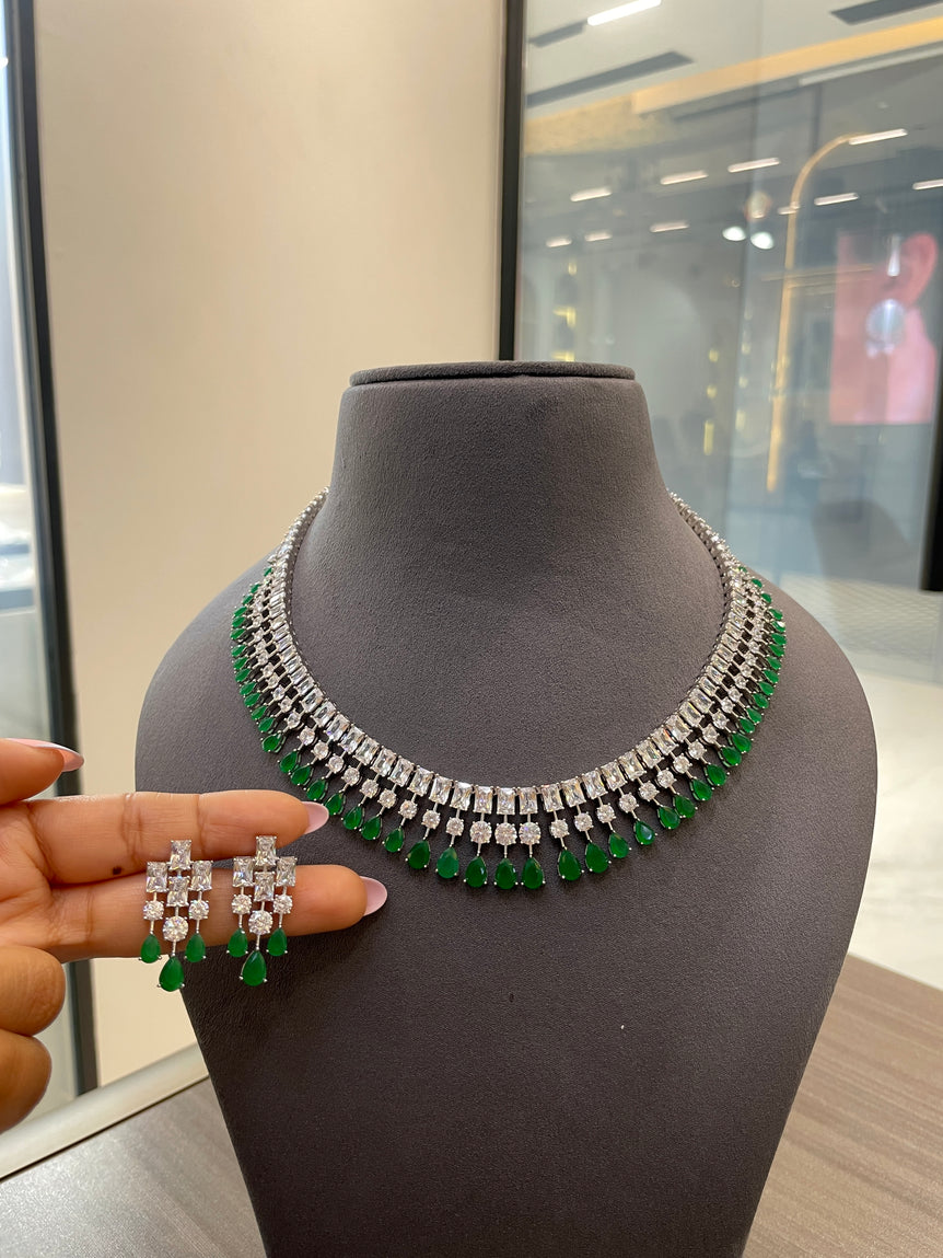 925 Silver Emerald Drops Moissanite Diamond Necklace Set
