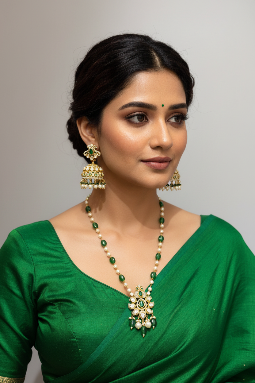 Emerald Crest Moissanite Polki Pendant Set