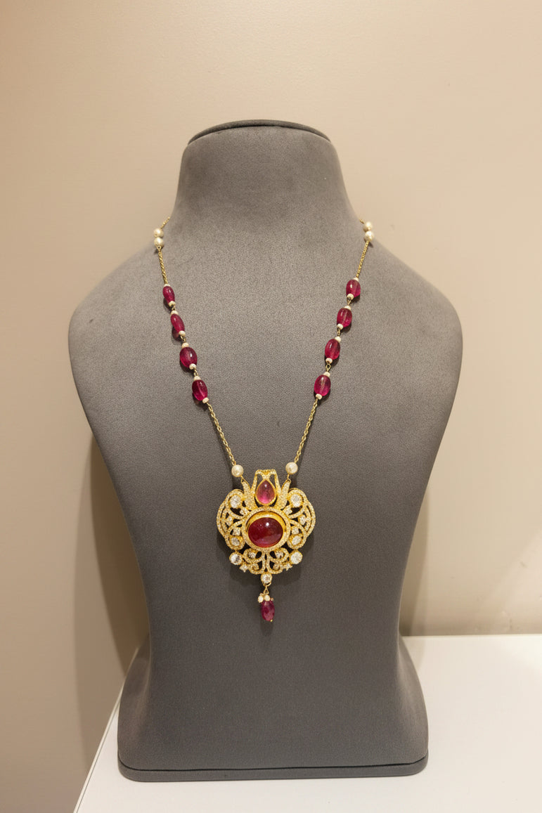 Heritage Ruby Crimson Floral Crest Pendant Set