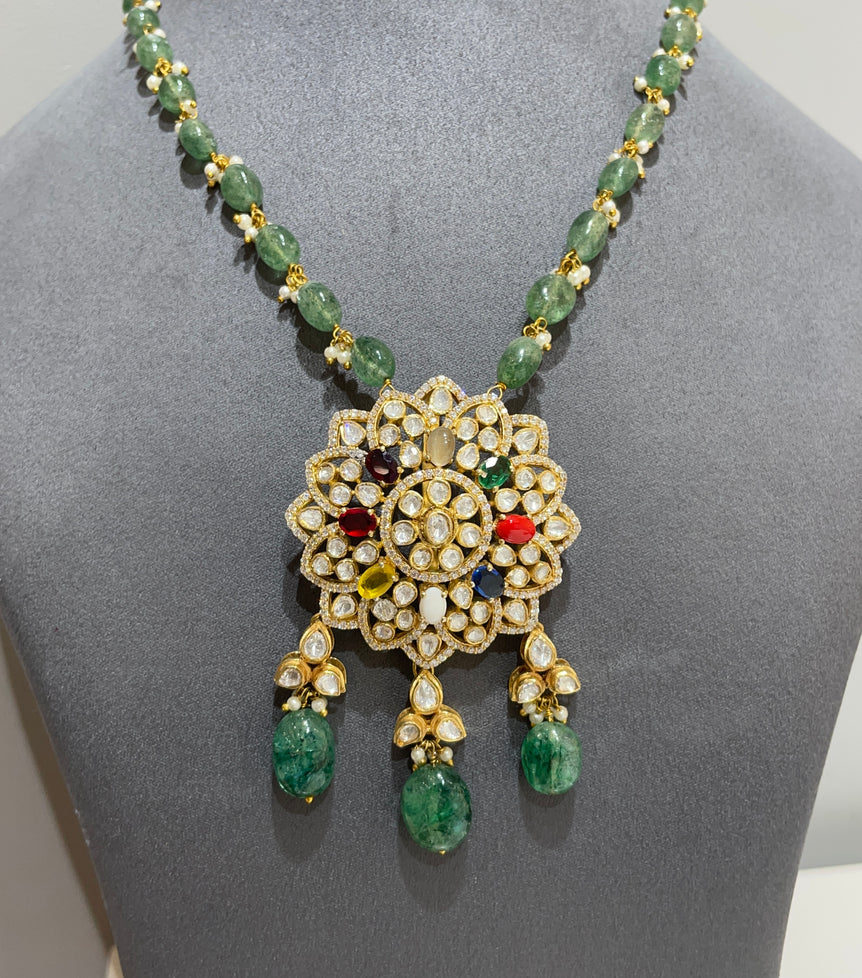 925 Silver Floral Navrattan & Polki Pendant