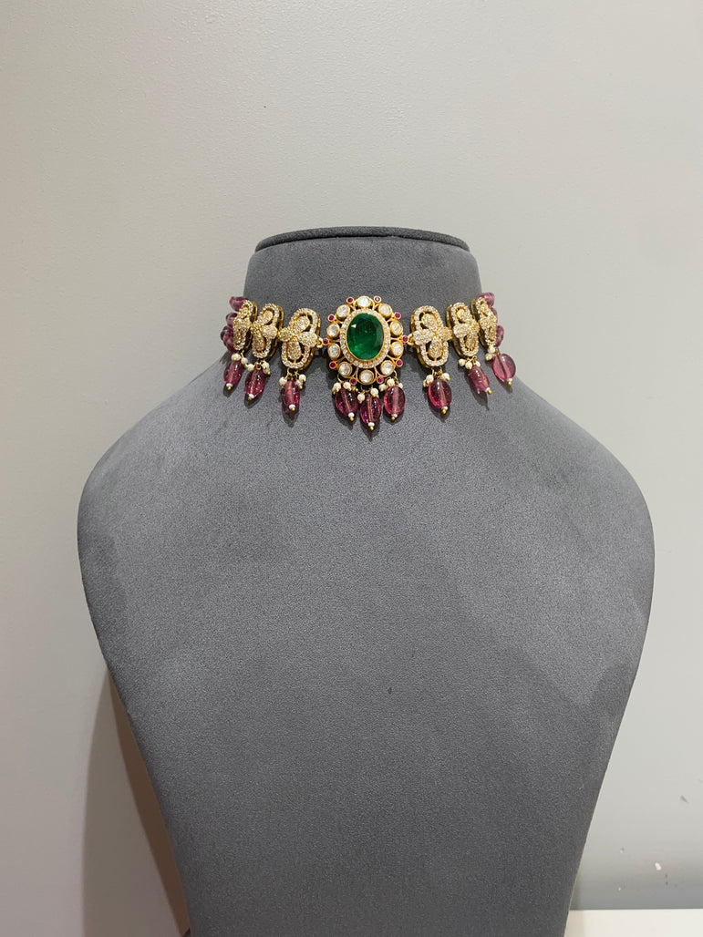 925 Silver Rose Quartz Polki Choker