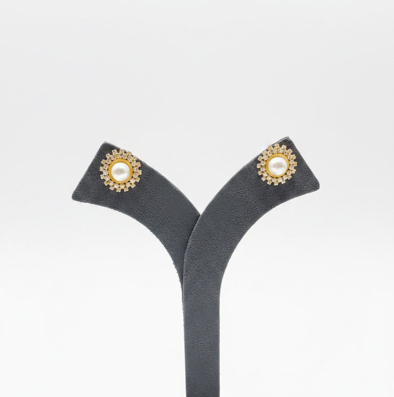 Pearl Cabochon Solitaire Halo Stud Diamond Look Earrings