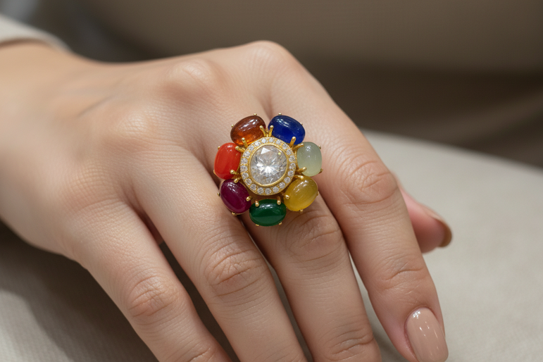 Navratna-Inspired Multi-Gemstone Moissanite Polki Ring