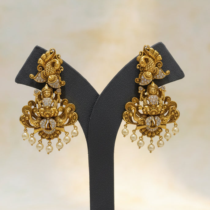 Antique Gold Sculpted Goddess Lakshmi & Peacock Long Bridal Set