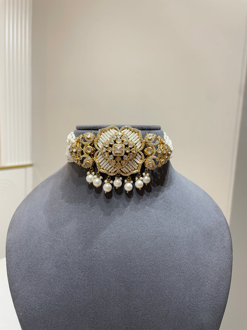 925 Silver Ivory Pearl Petal Polki Choker Set