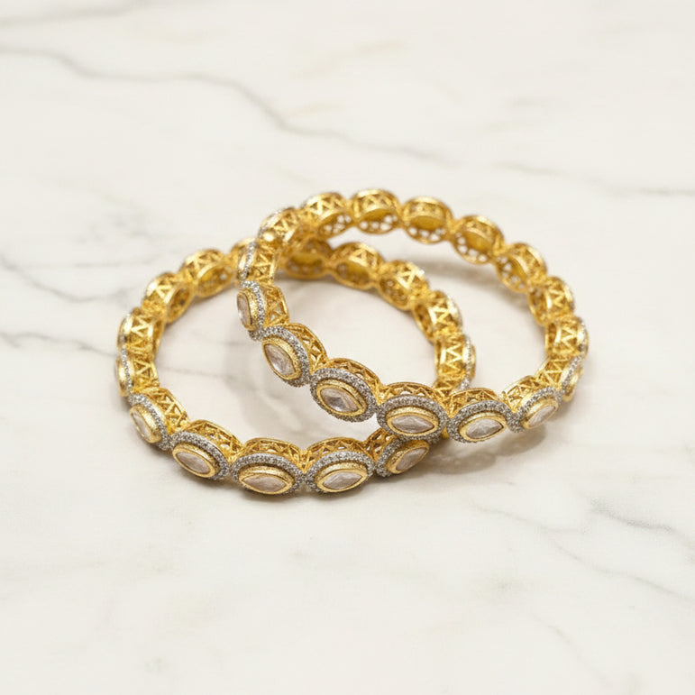 Oval Moissanite Polki & Micro-Pavé CZ Statement Bangle Pair