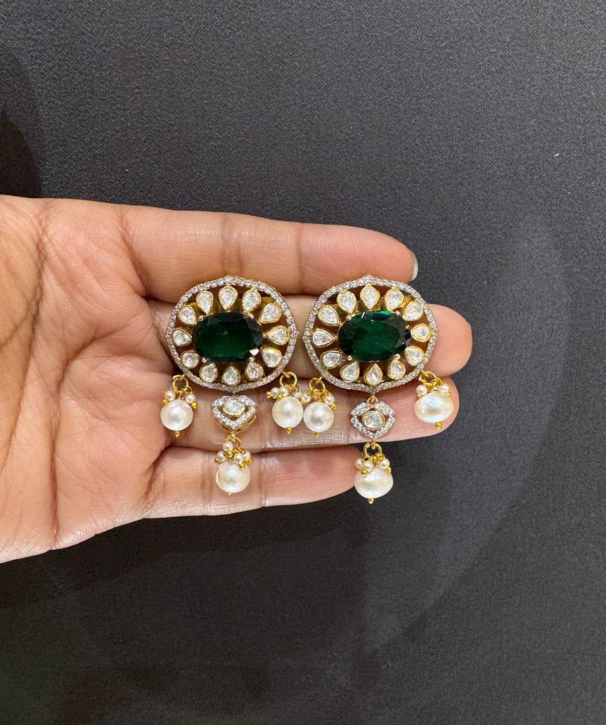 925 Silver Emerald Polki & Pearl Earrings