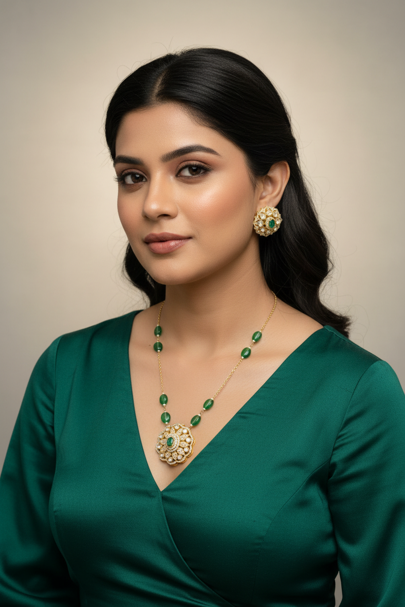 Royal Bloom Emerald Medallion & Matching Studs Pendant Set