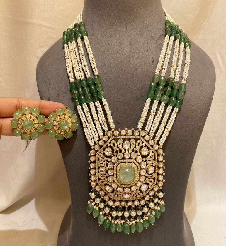 Emerald Quartz, Moissanite Polki & Micro-Pearl Statement Long Set